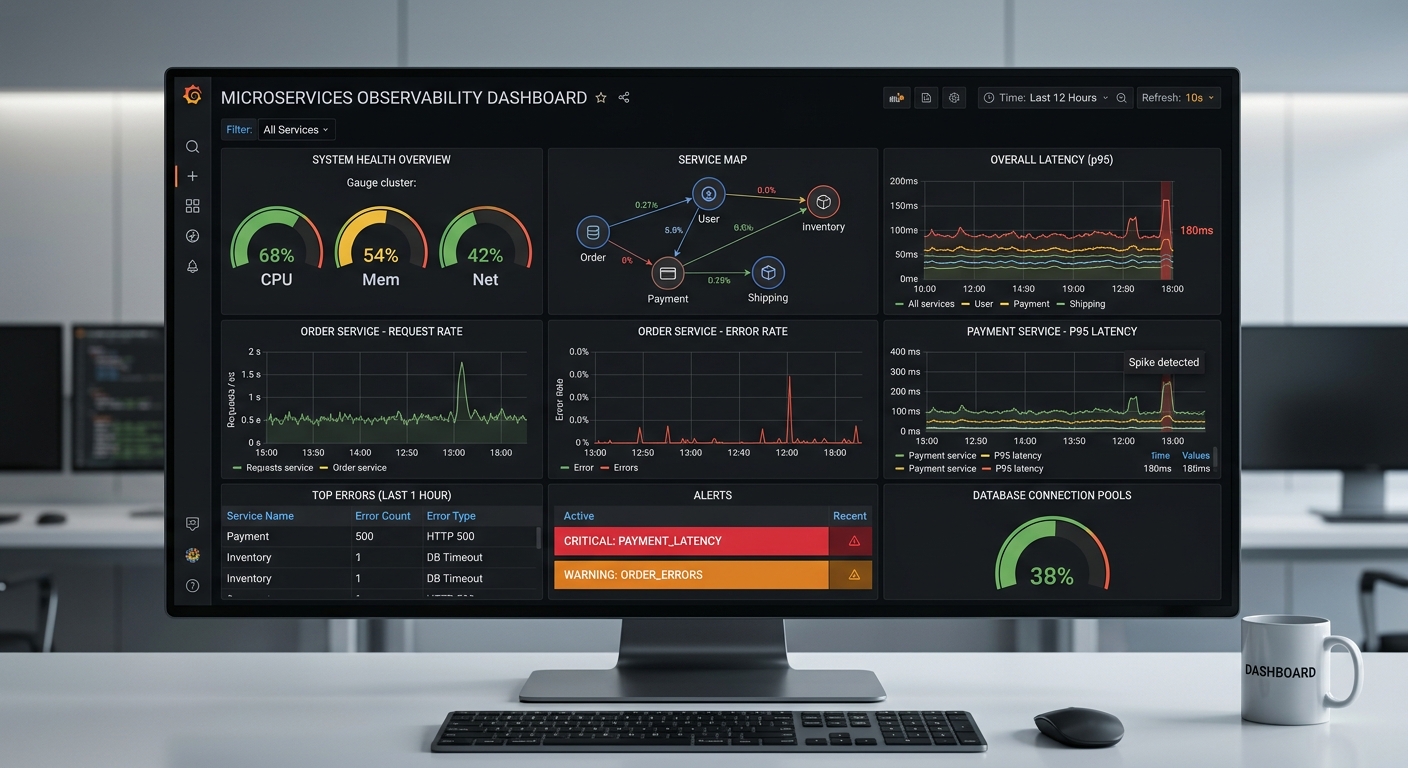 Grafana mikroservis dashboard'u: sağlık göstergeleri, service map, p95 latency, request ve error rate, son hatalar, aktif alarmlar