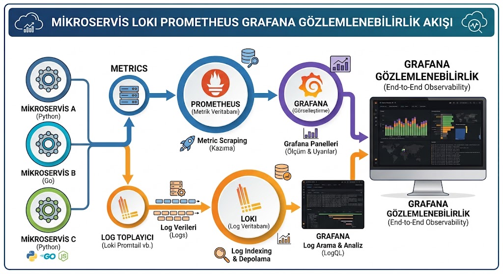 Mikroservislerden Prometheus'a metrik, bir log ajanı üzerinden Loki'ye log akışı; ikisi Grafana'da tek ekranda birleşiyor